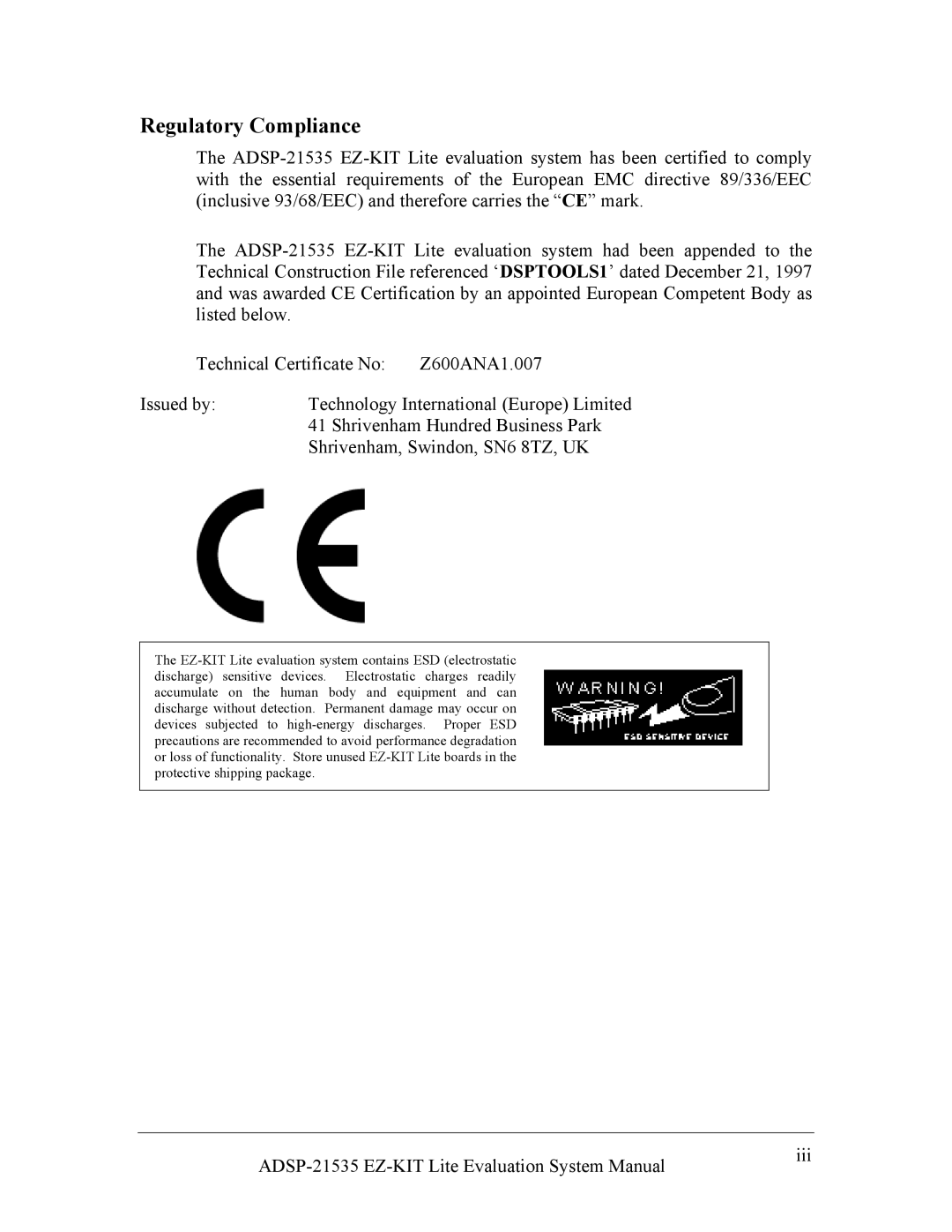 Analog Devices ADSP-21535 E-KIT LITE, 82-0000603-01 system manual Regulatory Compliance 