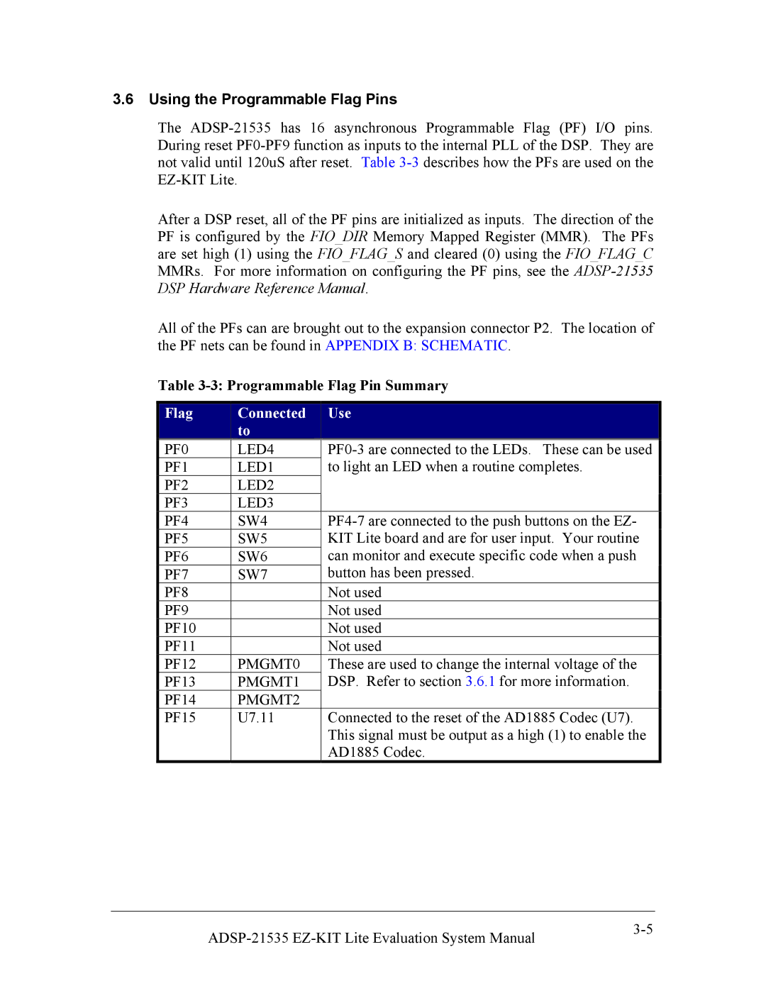 Analog Devices ADSP-21535 E-KIT LITE, 82-0000603-01 system manual Using the Programmable Flag Pins, Flag Connected Use 