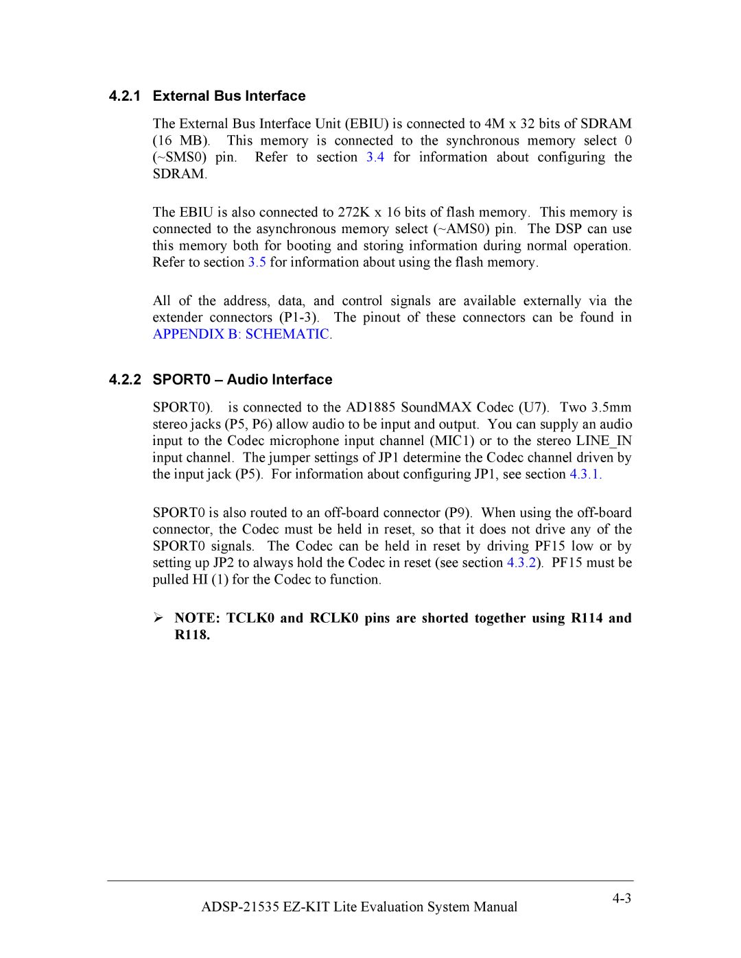 Analog Devices ADSP-21535 E-KIT LITE, 82-0000603-01 system manual External Bus Interface, SPORT0 Audio Interface 