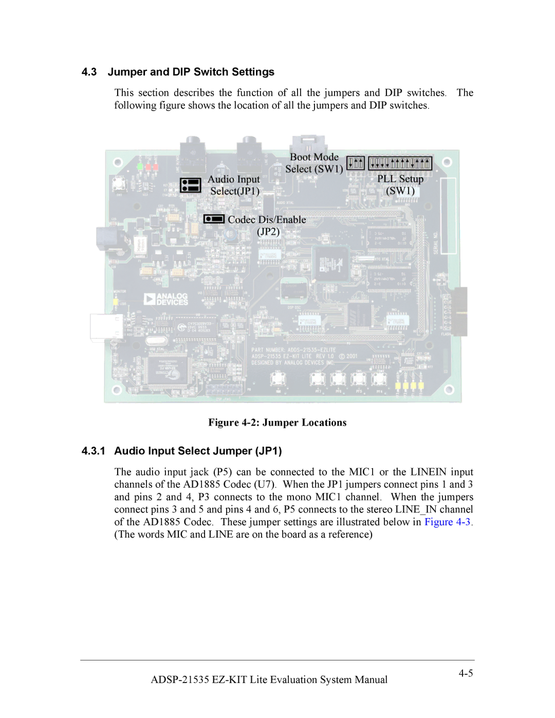 Analog Devices ADSP-21535 E-KIT LITE, 82-0000603-01 Jumper and DIP Switch Settings, Audio Input Select Jumper JP1 