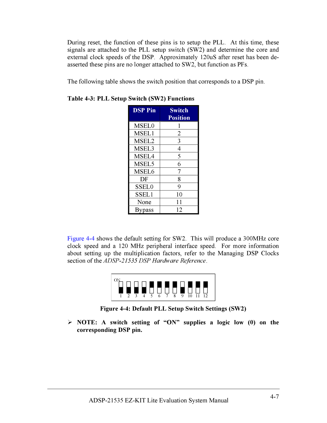 Analog Devices ADSP-21535 E-KIT LITE, 82-0000603-01 DSP Pin Switch Position, Default PLL Setup Switch Settings SW2 
