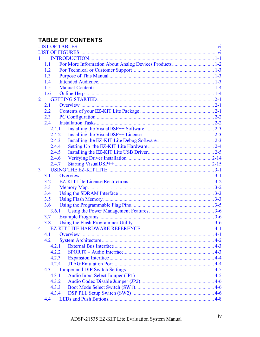 Analog Devices 82-0000603-01, ADSP-21535 E-KIT LITE system manual Table of Contents 