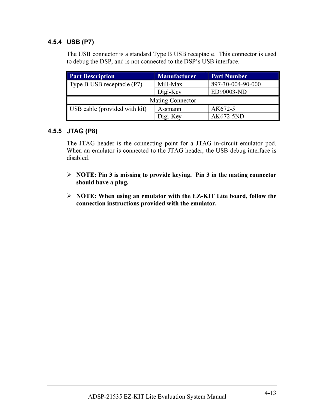 Analog Devices ADSP-21535 E-KIT LITE, 82-0000603-01 system manual USB P7, Jtag P8 