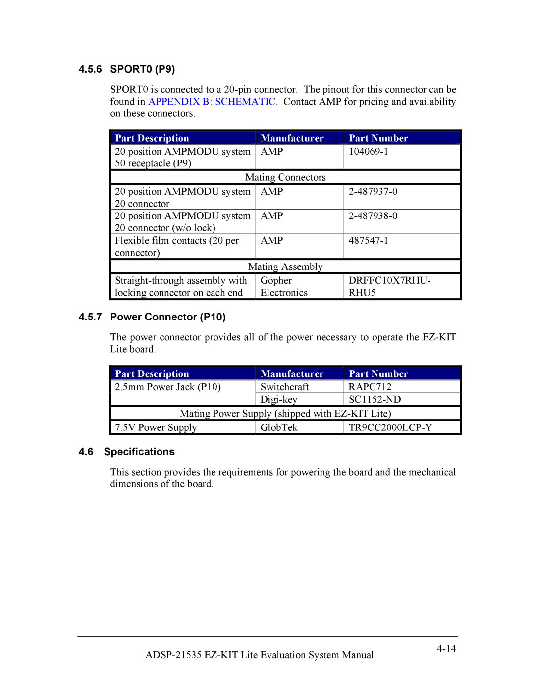 Analog Devices 82-0000603-01, ADSP-21535 E-KIT LITE system manual SPORT0 P9, Power Connector P10, Specifications 