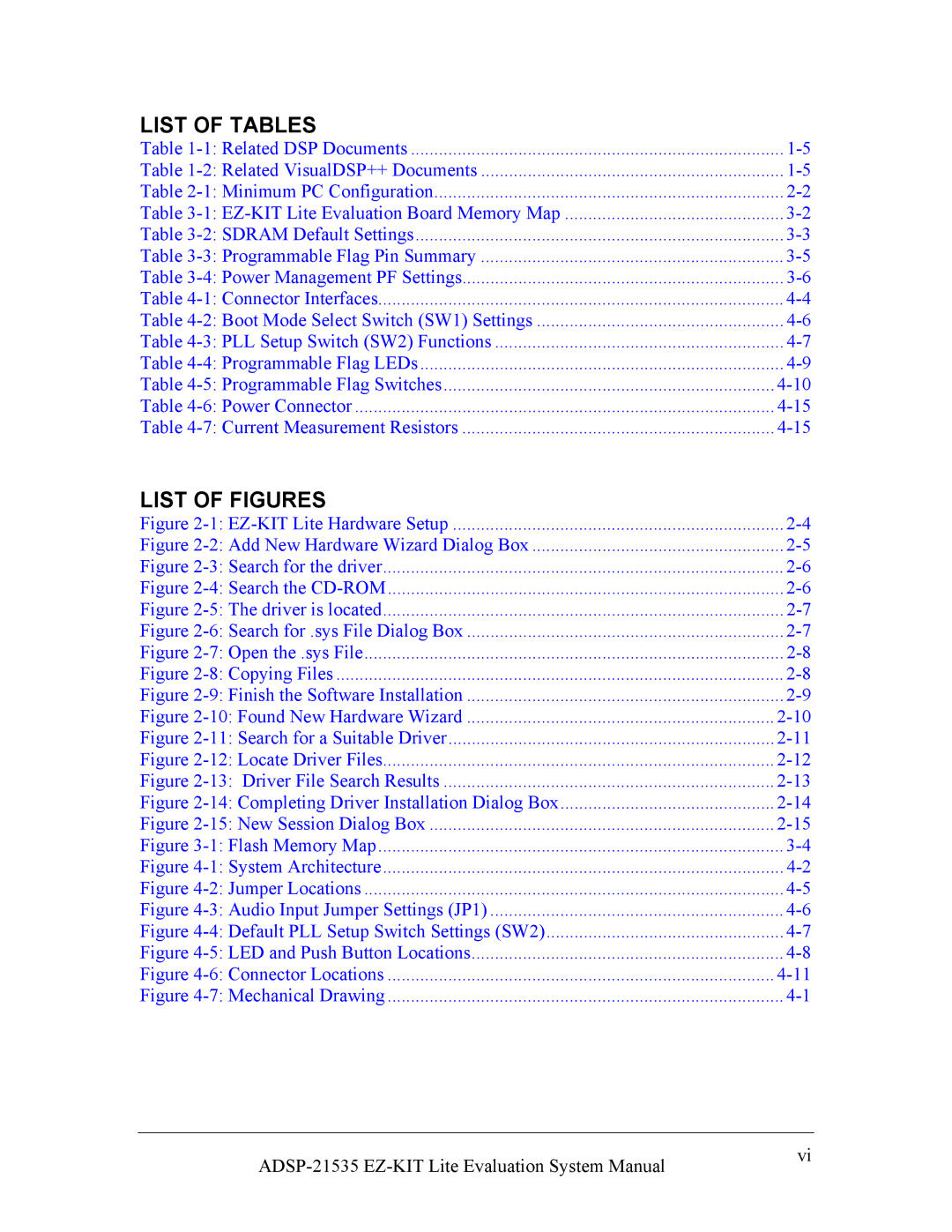 Analog Devices 82-0000603-01, ADSP-21535 E-KIT LITE system manual List of Tables, List of Figures 