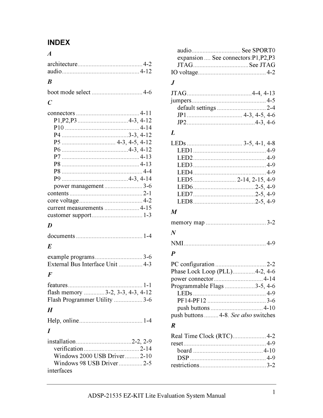 Analog Devices 82-0000603-01, ADSP-21535 E-KIT LITE system manual Index, 4-5 