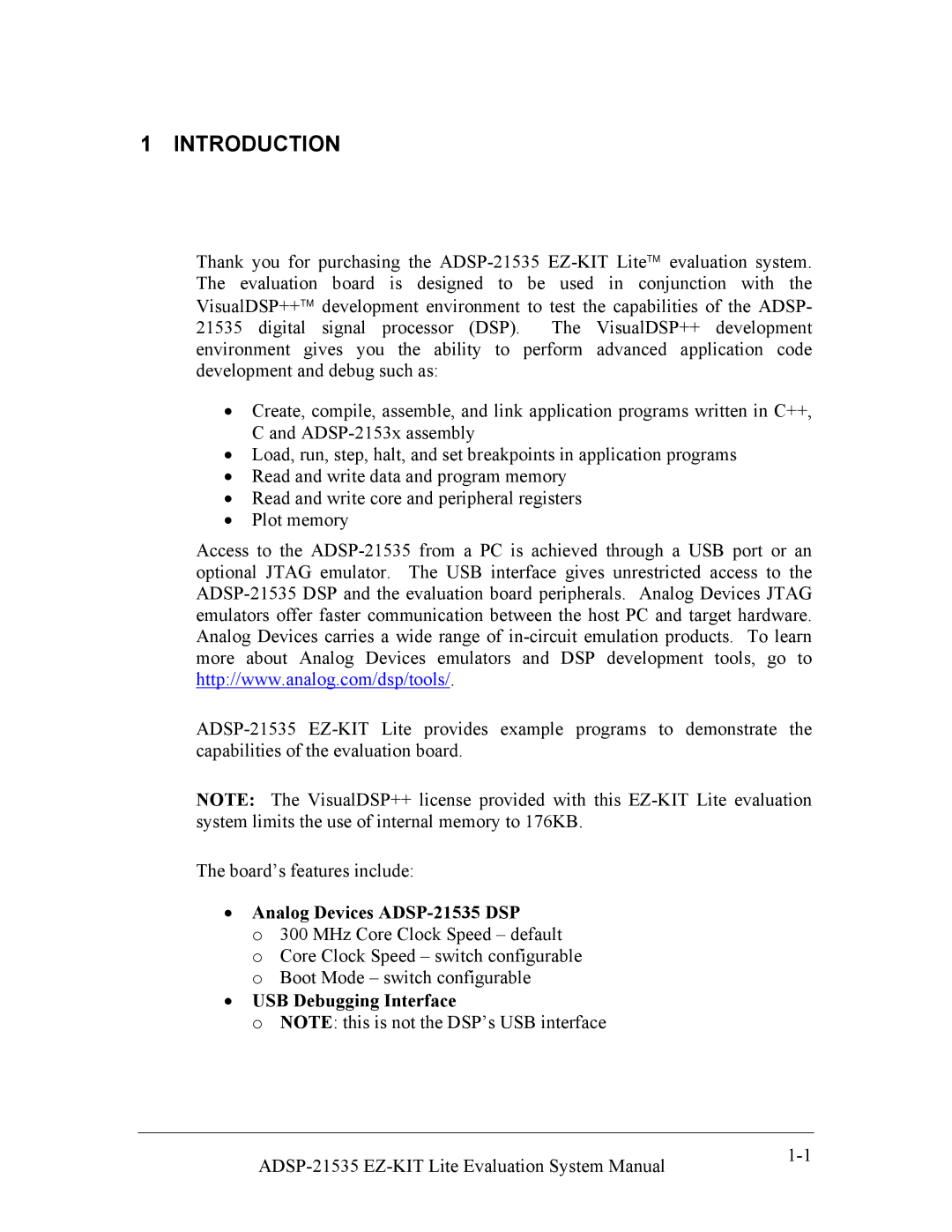 Analog Devices ADSP-21535 E-KIT LITE, 82-0000603-01 system manual Introduction, Analog Devices ADSP-21535 DSP 