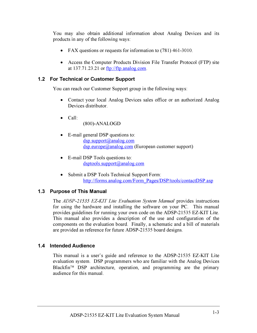 Analog Devices ADSP-21535 E-KIT LITE For Technical or Customer Support, Purpose of This Manual, Intended Audience 