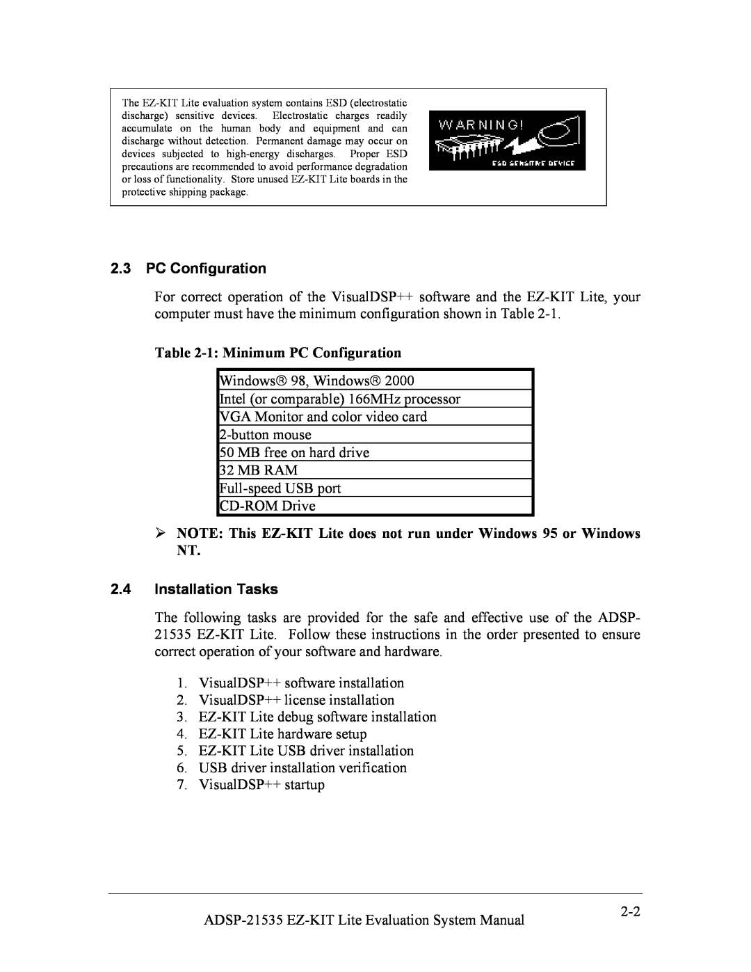 Analog Devices ADSP-21535 E-KIT LITE, 82-0000603-01 system manual 1 Minimum PC Configuration, Installation Tasks 