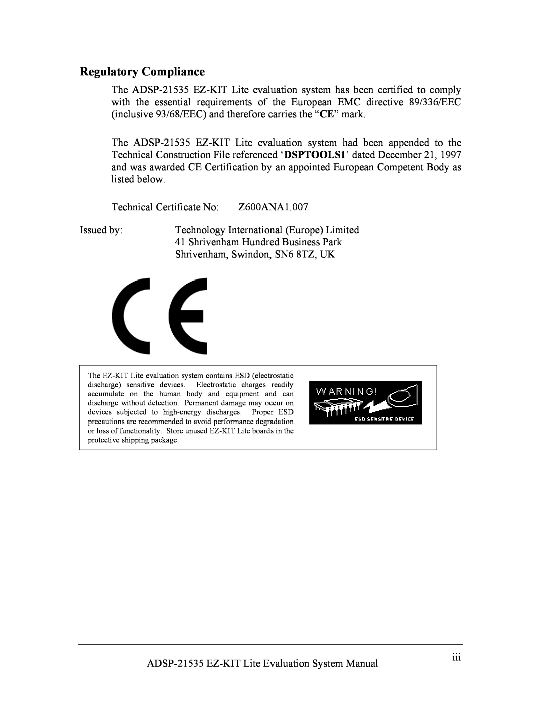 Analog Devices ADSP-21535 E-KIT LITE, 82-0000603-01 system manual Regulatory Compliance 