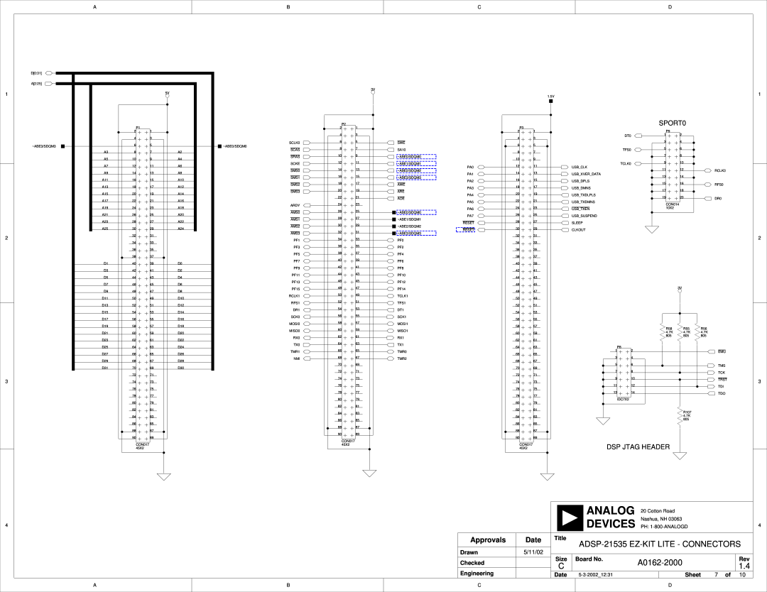 Analog Devices 82-0000603-01 ADSP-21535 EZ-KIT LITE - CONNECTORS, SPORT0, Dsp Jtag Header, Devices, A0162-2000, Approvals 