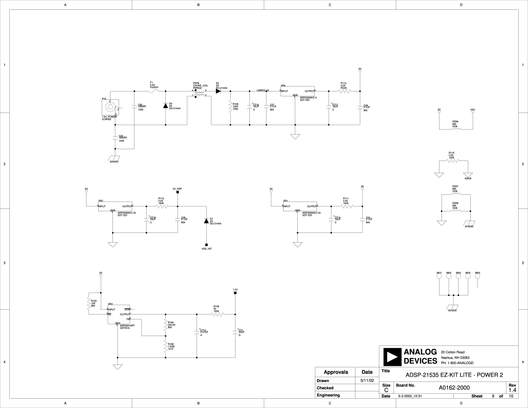 Analog Devices 82-0000603-01 ADSP-21535 EZ-KIT LITE - POWER, Devices, A0162-2000, Approvals, Date, Title, 5/11/02, Drawn 