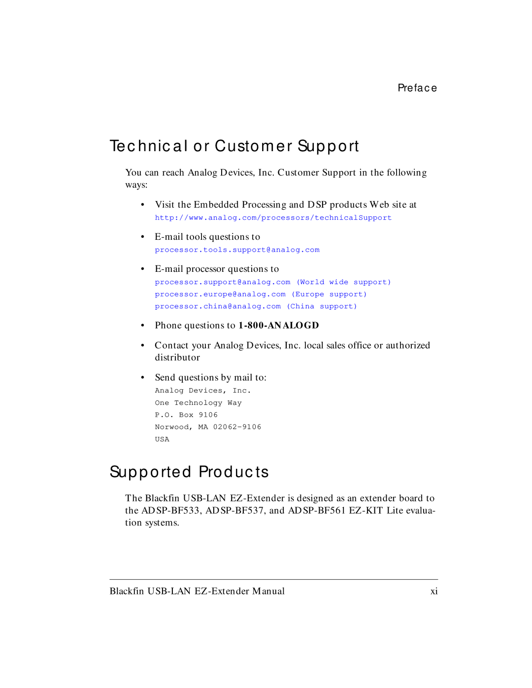 Analog Devices 82-000845-01 manual Technical or Customer Support, Supported Products 