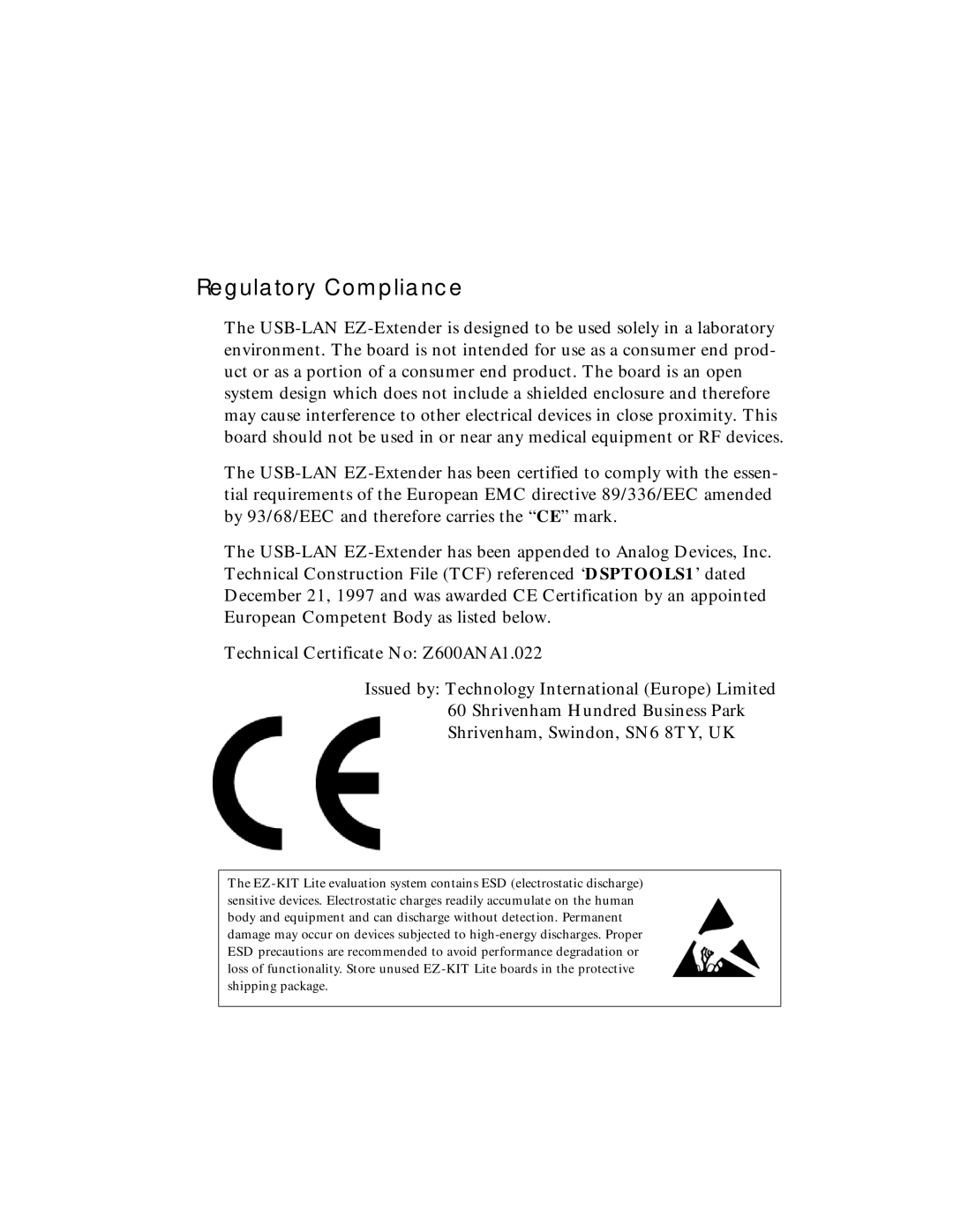 Analog Devices 82-000845-01 manual Regulatory Compliance 