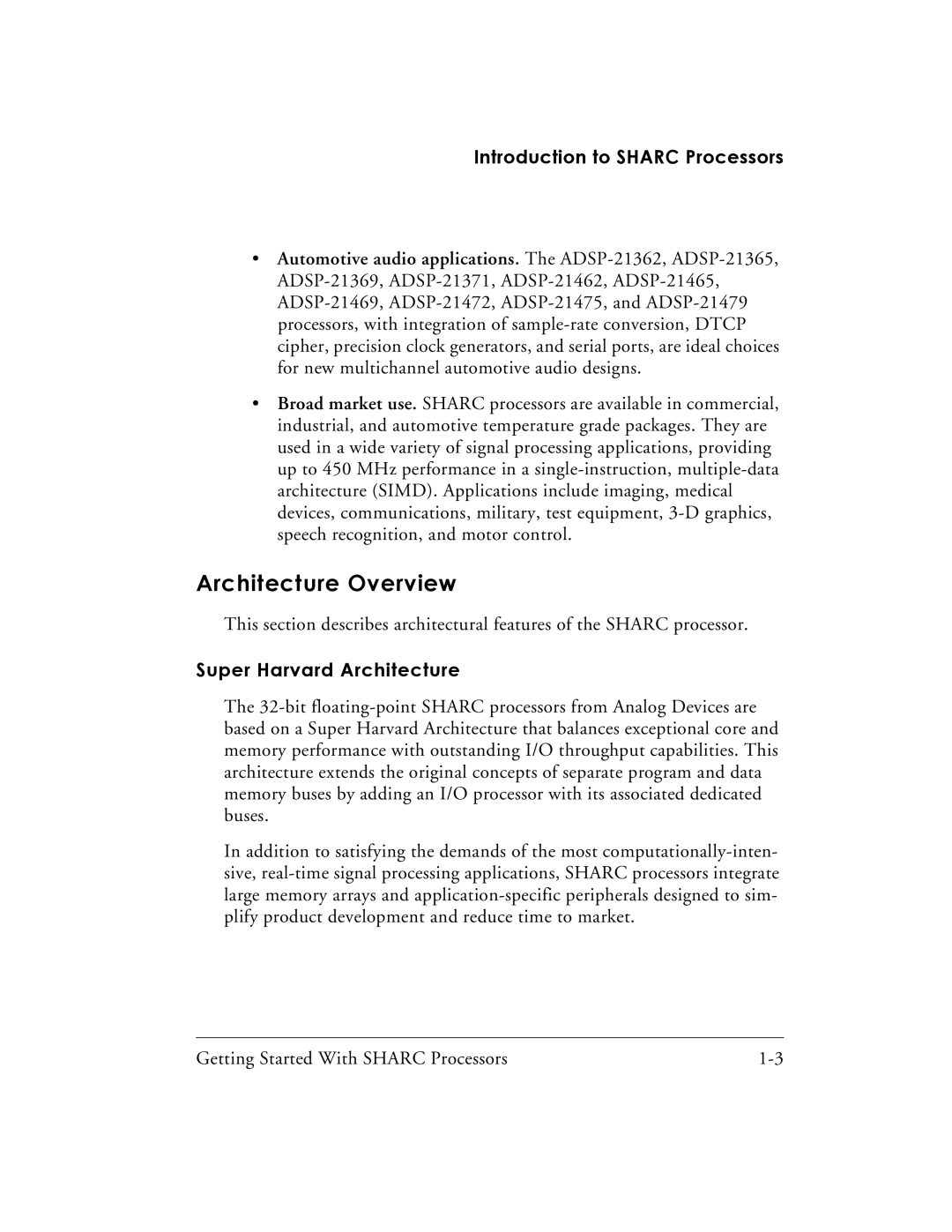 Analog Devices 82-003536-01 manual Architecture Overview, Introduction to Sharc Processors, Super Harvard Architecture 