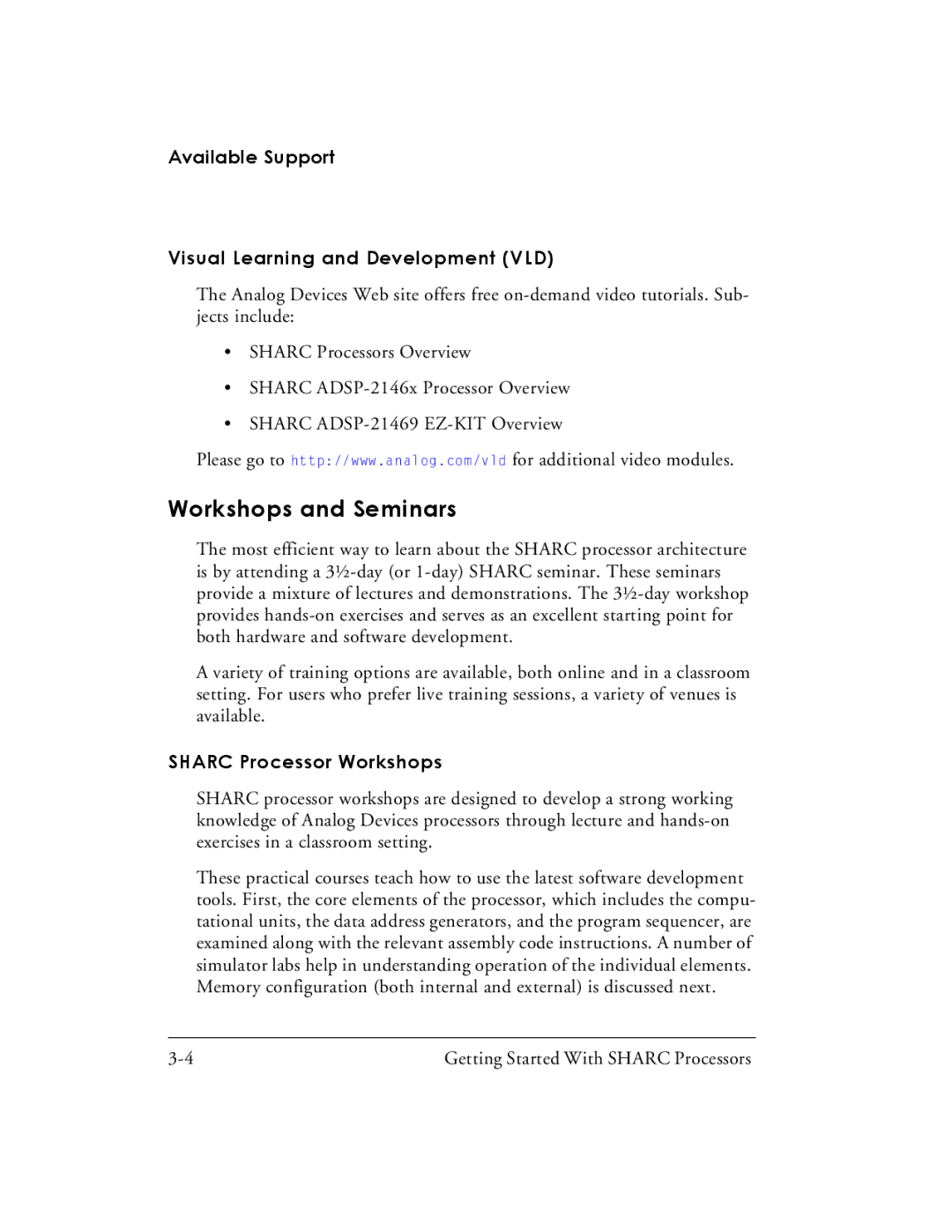 Analog Devices 82-003536-01 manual Workshops and Seminars, Available Support Visual Learning and Development VLD 