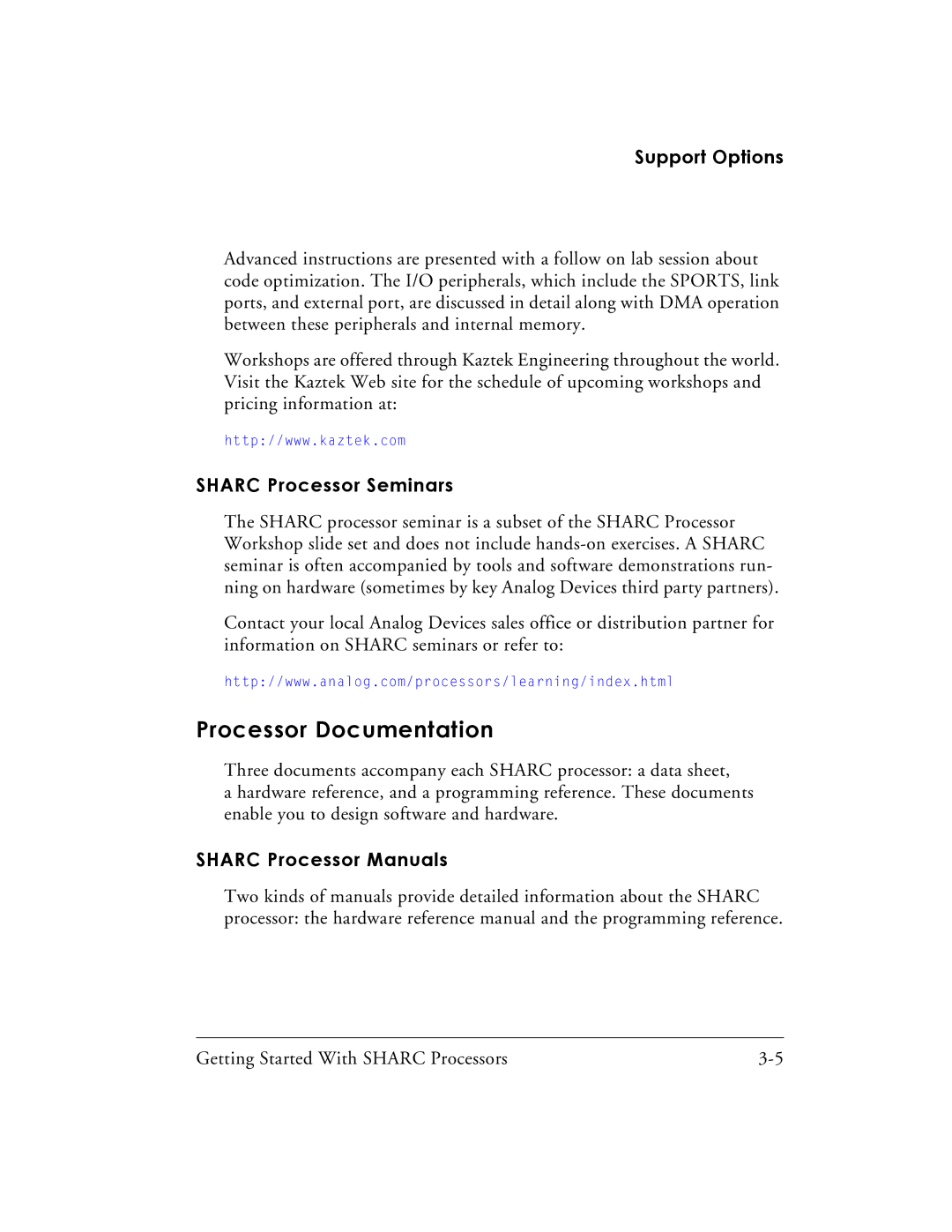 Analog Devices 82-003536-01 Processor Documentation, Support Options, Sharc Processor Seminars, Sharc Processor Manuals 