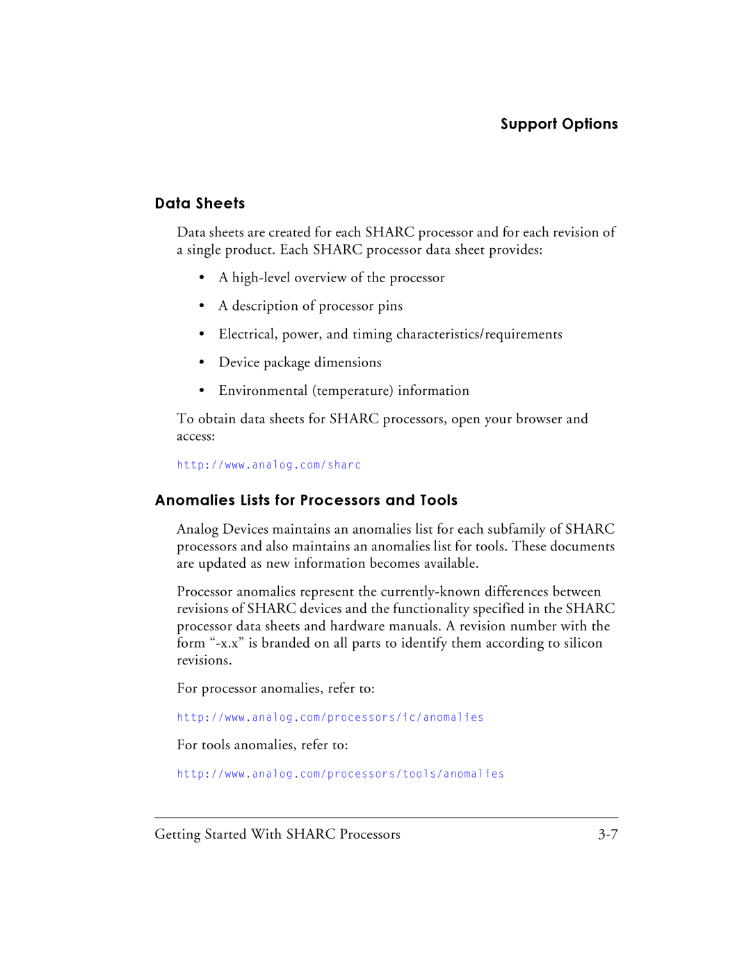 Analog Devices 82-003536-01 manual Support Options Data Sheets, Anomalies Lists for Processors and Tools 