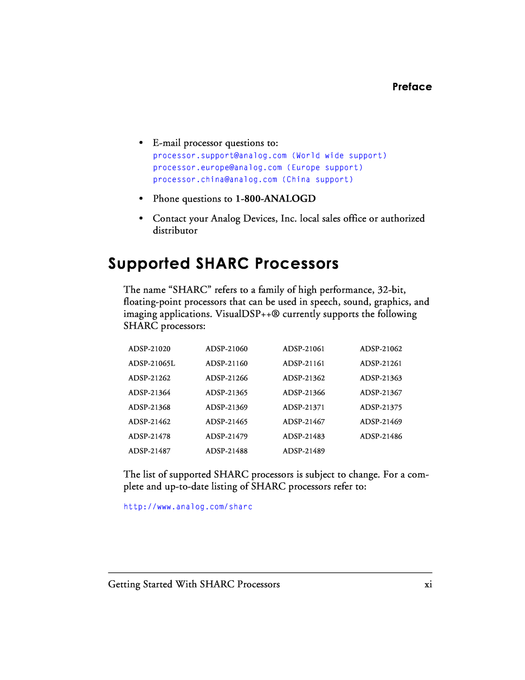 Analog Devices 82-003536-01 manual Supported SHARC Processors, Preface 