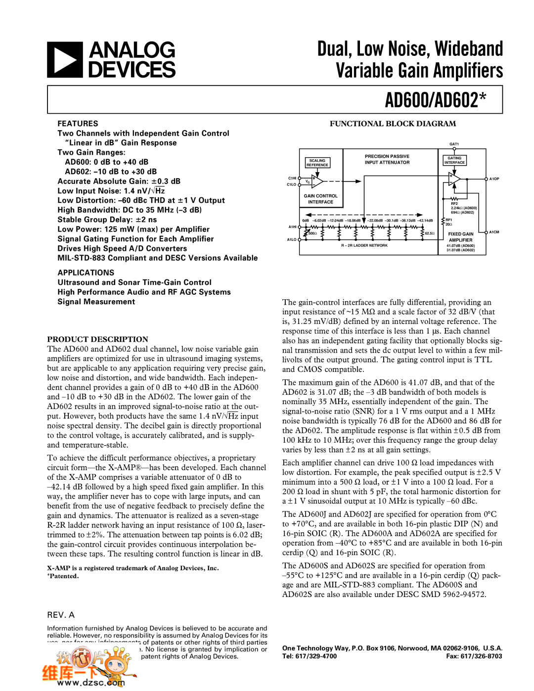 Analog Devices AD600, AD602 manual Product Description, Functional Block Diagram 