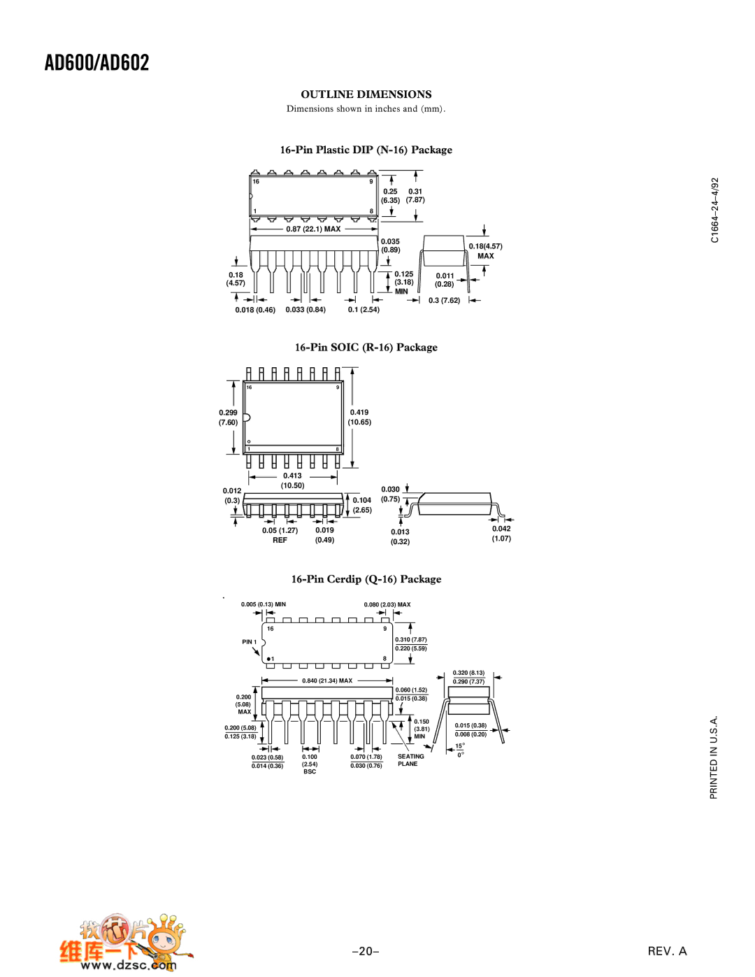 Analog Devices AD602 Outline Dimensions, Pin Plastic DIP N-16 Package, Pin Soic R-16 Package, Pin Cerdip Q-16 Package 