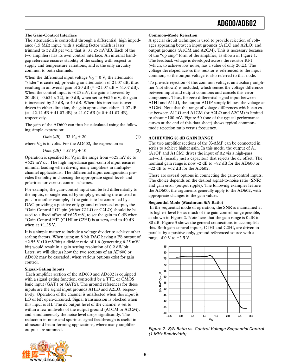 Analog Devices AD600 manual Gain-Control Interface, Signal-Gating Inputs, Common-Mode Rejection, Achieving 80 dB Gain Range 