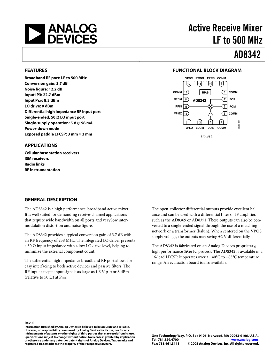 Analog Devices AD8342 specifications Features, Applications, General Description, Functional Block Diagram 