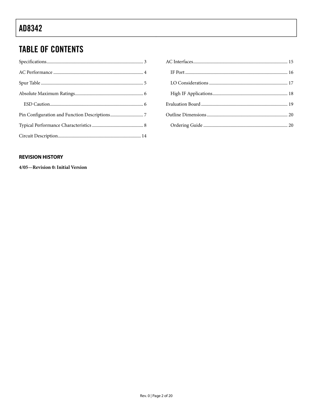 Analog Devices AD8342 specifications Table of Contents 