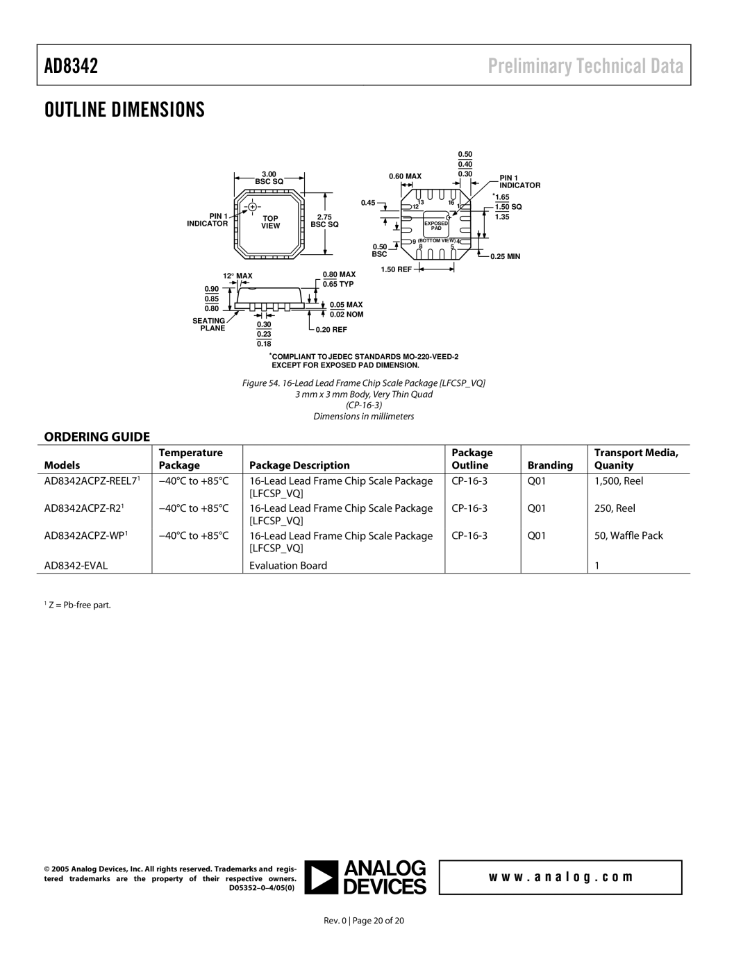 Analog Devices AD8342 specifications Outline Dimensions, Ordering Guide 