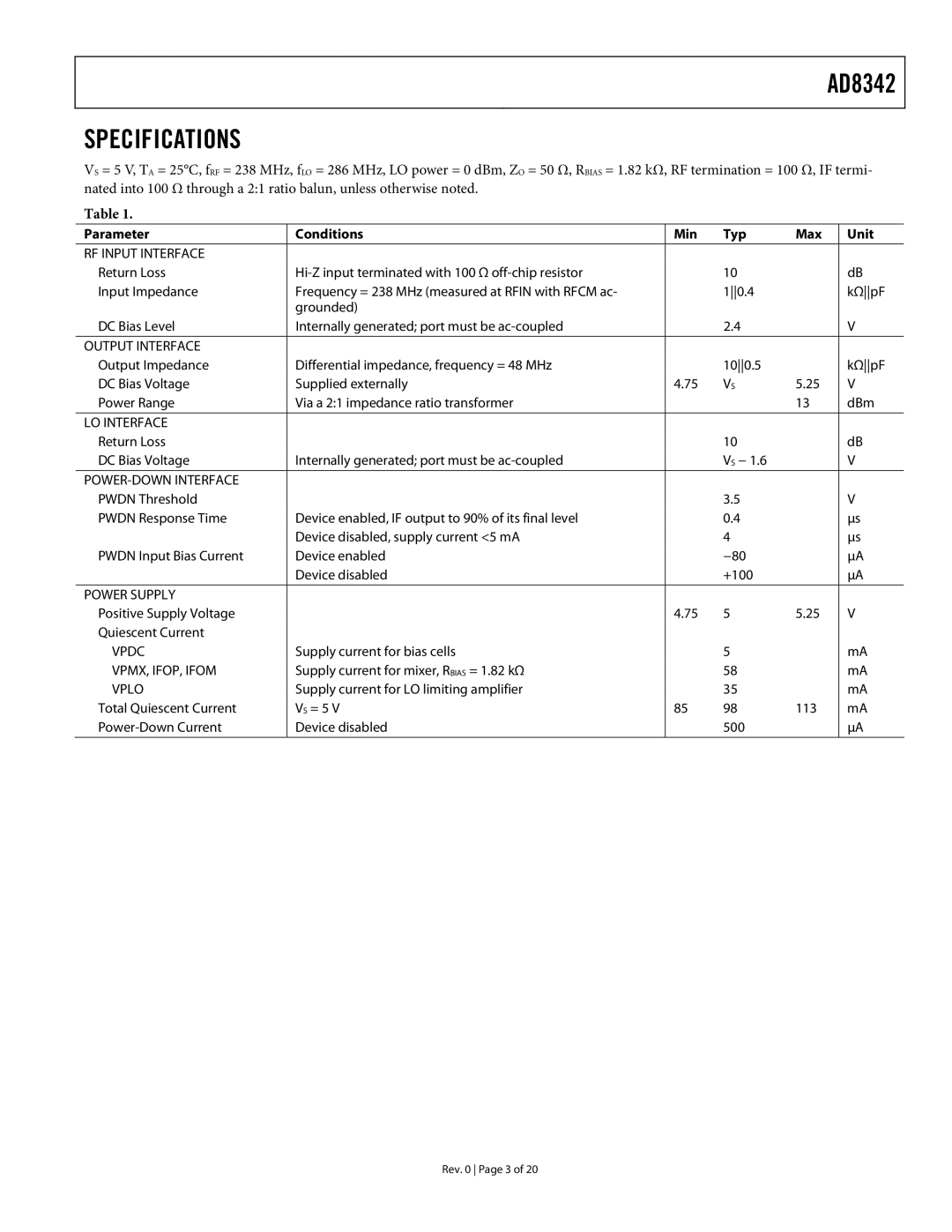 Analog Devices AD8342 specifications Specifications, Parameter Conditions Min Typ Max Unit 