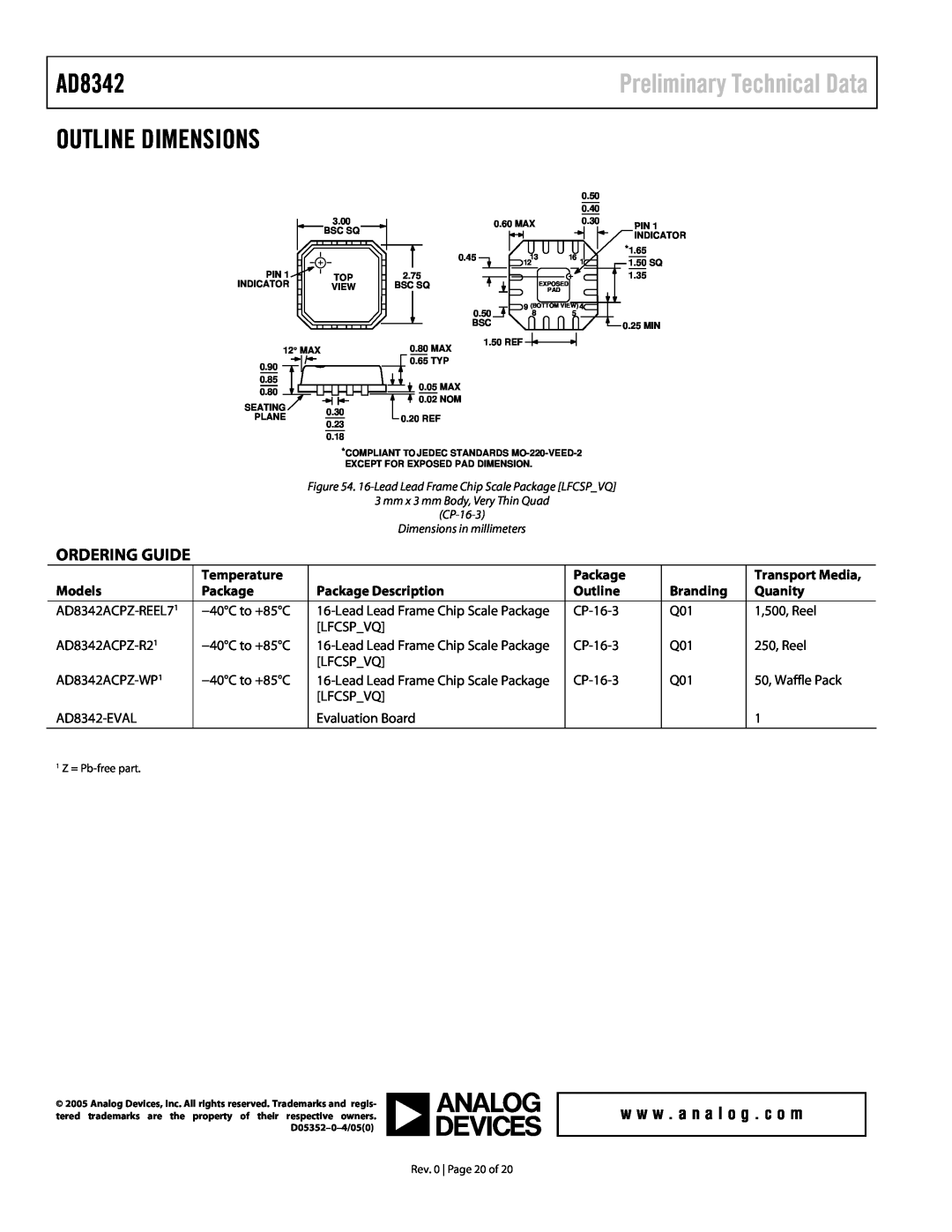 Analog Devices AD8342 specifications Outline Dimensions, Ordering Guide, Preliminary Technical Data 
