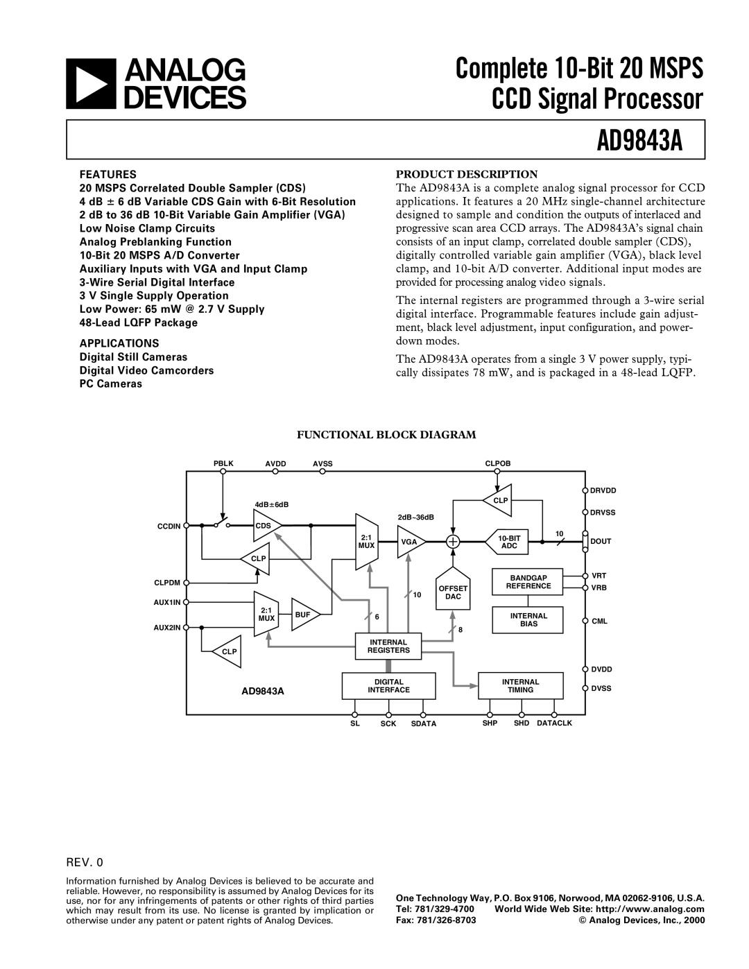 Analog Devices AD9843A manual Product Description, Functional Block Diagram 