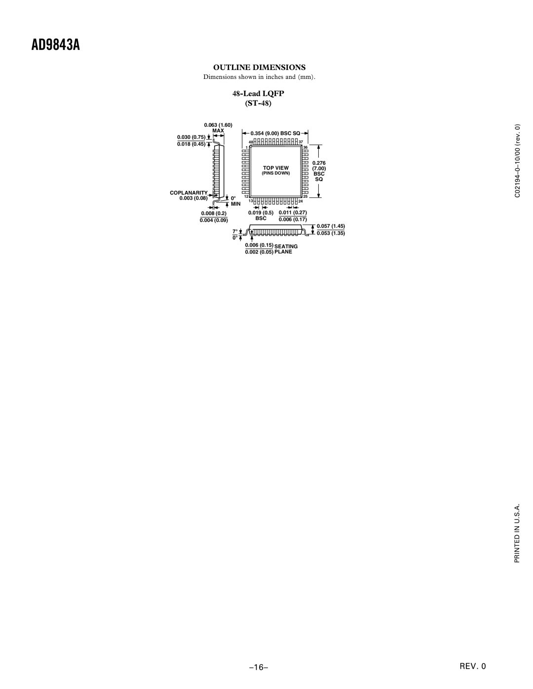 Analog Devices AD9843A manual Outline Dimensions, Lead Lqfp ST-48 