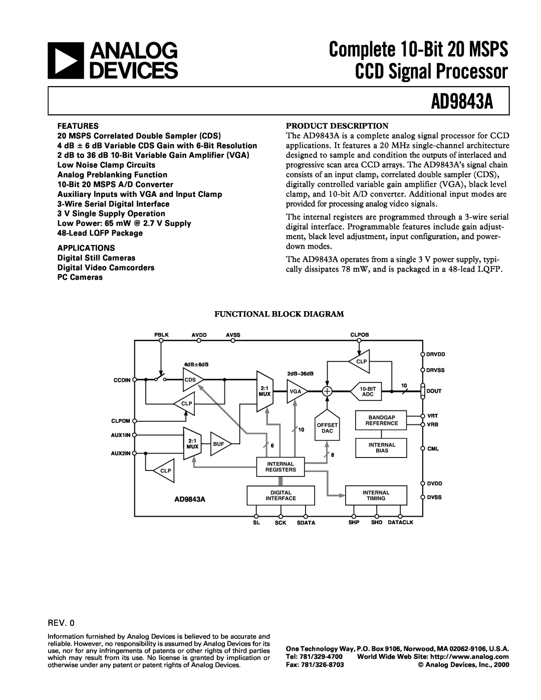 Analog Devices AD9843A manual Complete 10-Bit 20 MSPS, CCD Signal Processor 