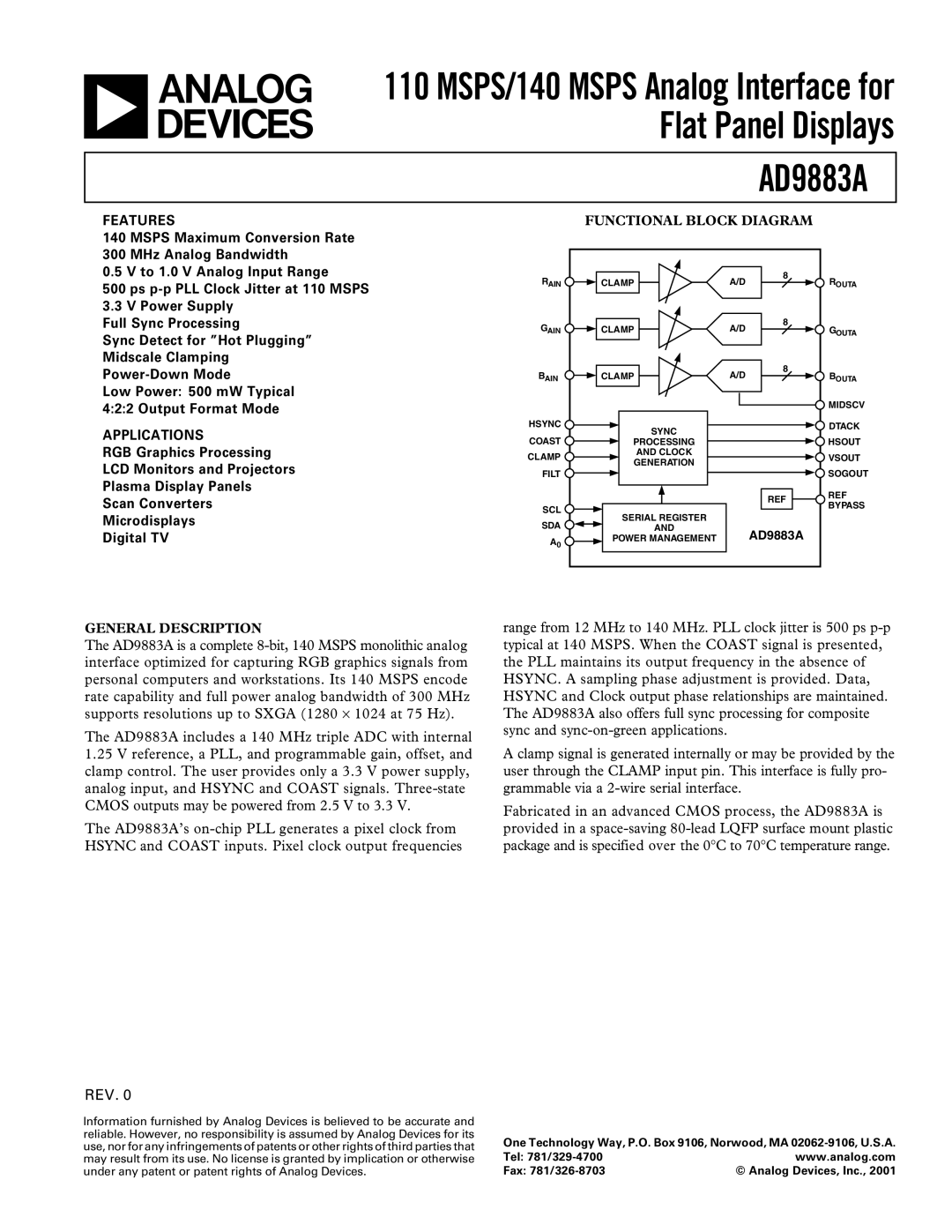 Analog Devices AD9883A manual Functional Block Diagram, General Description 