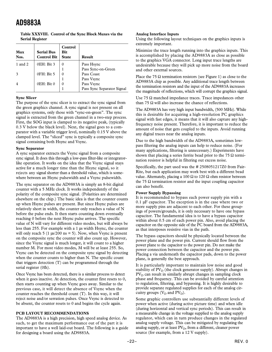 Analog Devices AD9883A manual Sync Slicer, Sync Separator, PCB Layout Recommendations, Analog Interface Inputs 