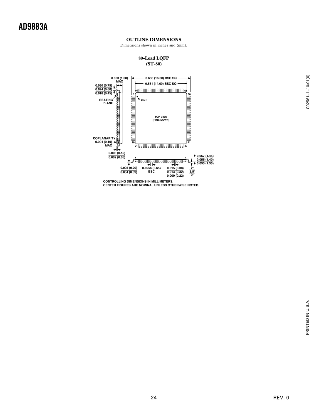 Analog Devices AD9883A manual Outline Dimensions, Lead Lqfp, ST-80 