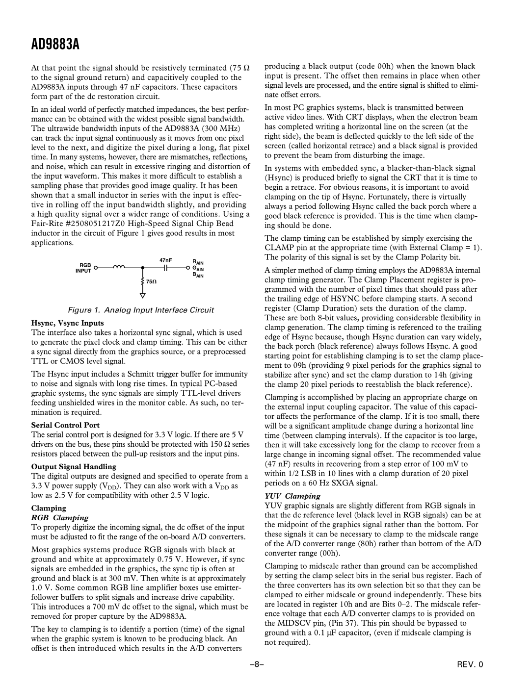 Analog Devices AD9883A manual Hsync, Vsync Inputs, Serial Control Port, Output Signal Handling, Clamping 