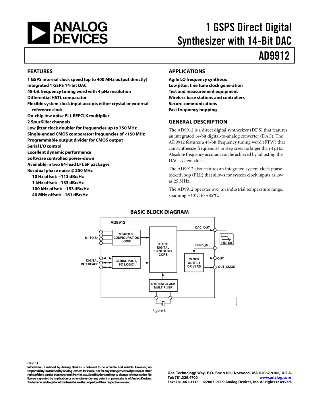 Analog Devices AD9912 specifications Features, Applications, General Description, Basic Block Diagram 