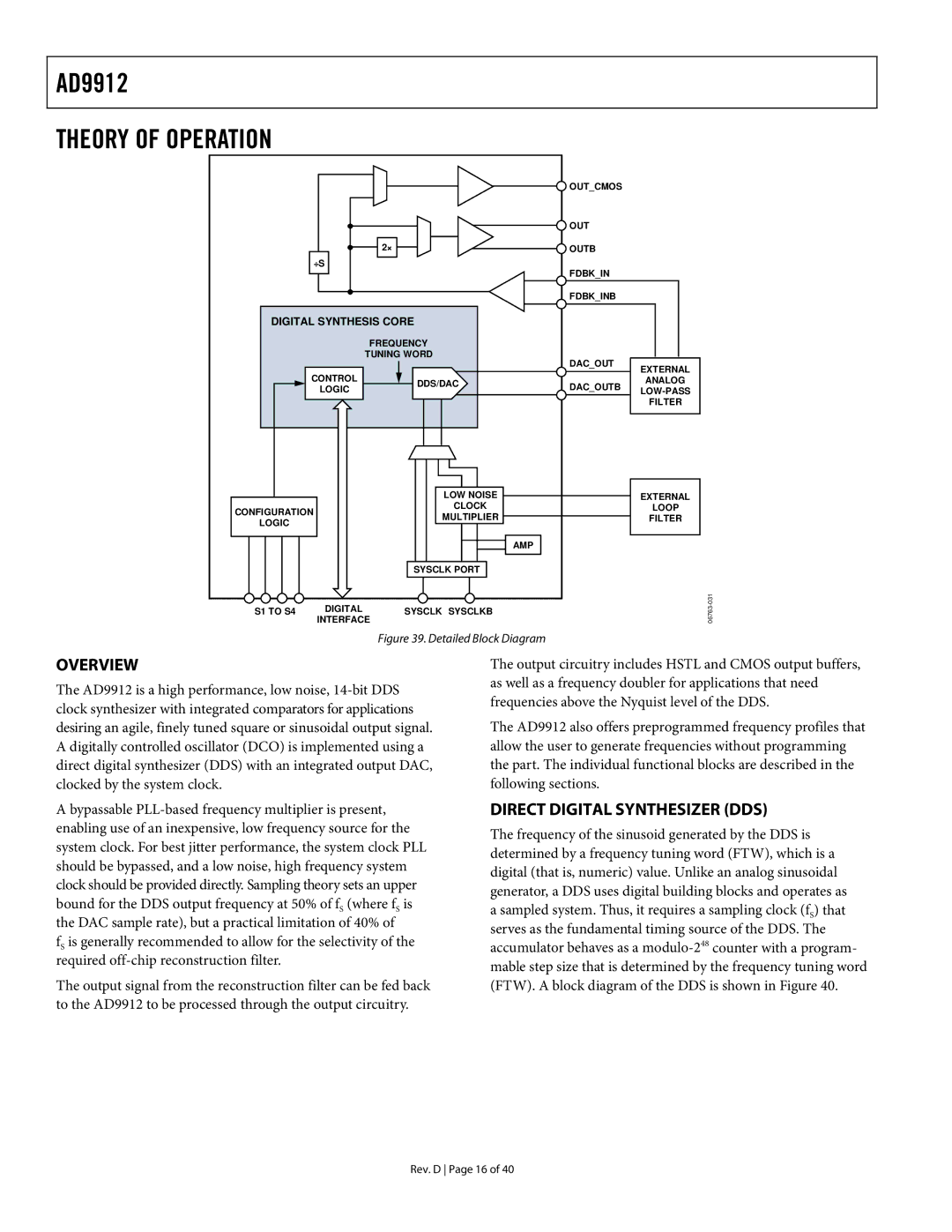 Analog Devices AD9912 specifications Theory of Operation, Overview, Direct Digital Synthesizer DDS 