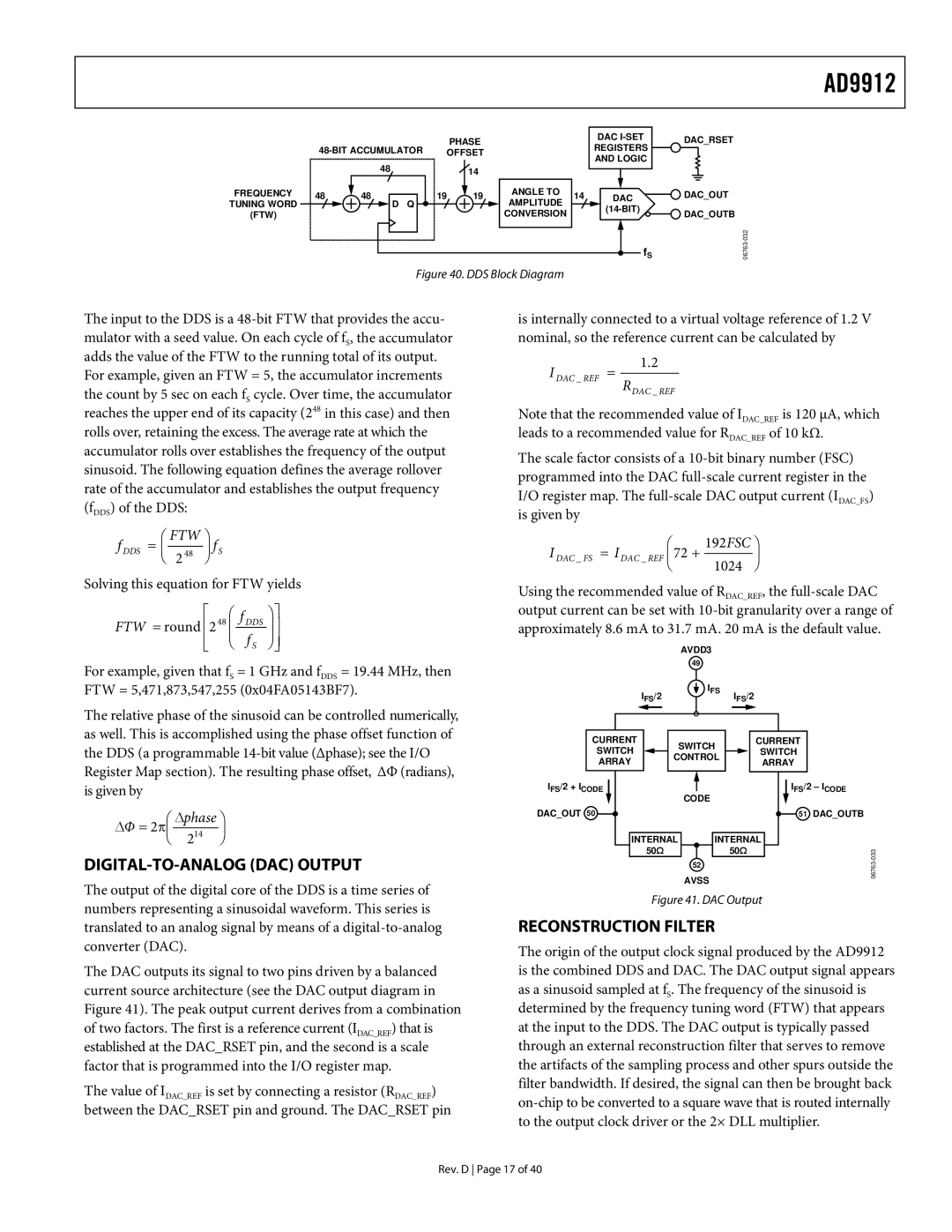 Analog Devices AD9912 DIGITAL-TO-ANALOG DAC Output, Reconstruction Filter, Solving this equation for FTW yields, 1024  