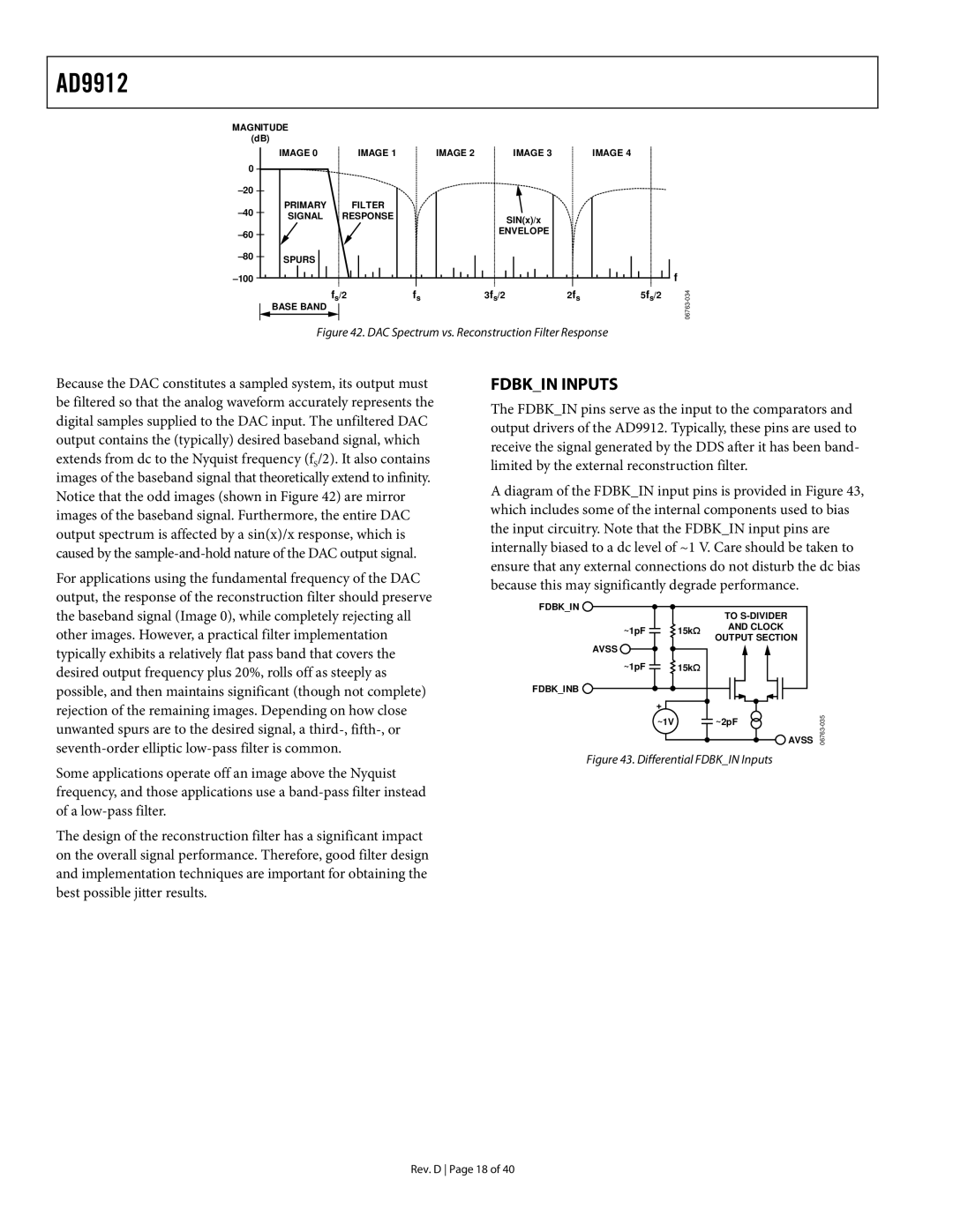 Analog Devices AD9912 specifications Fdbkin Inputs, DAC Spectrum vs. Reconstruction Filter Response 