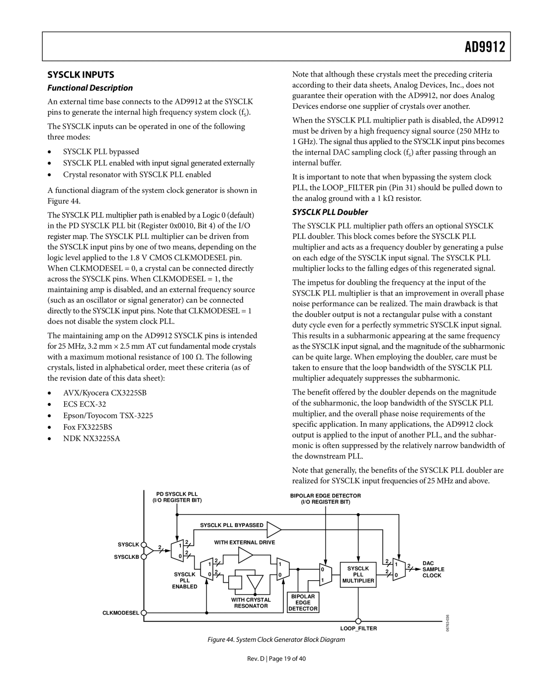 Analog Devices AD9912 specifications Sysclk Inputs, Functional Description, Sysclk PLL Doubler 