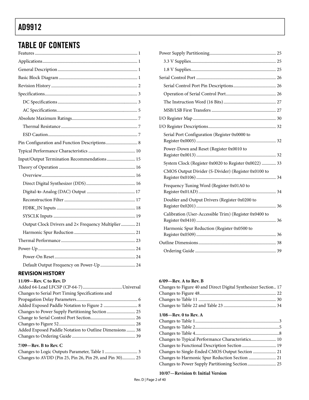 Analog Devices AD9912 specifications Table of Contents 