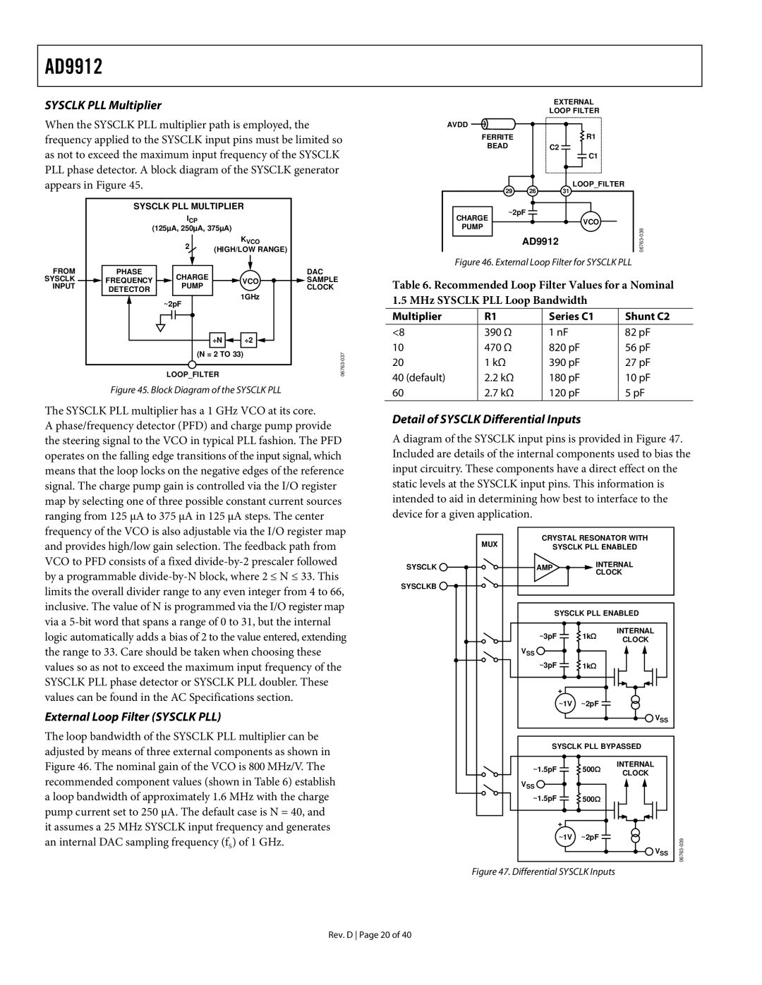 Analog Devices AD9912 specifications Sysclk PLL Multiplier, Sysclk PLL multiplier has a 1 GHz VCO at its core 