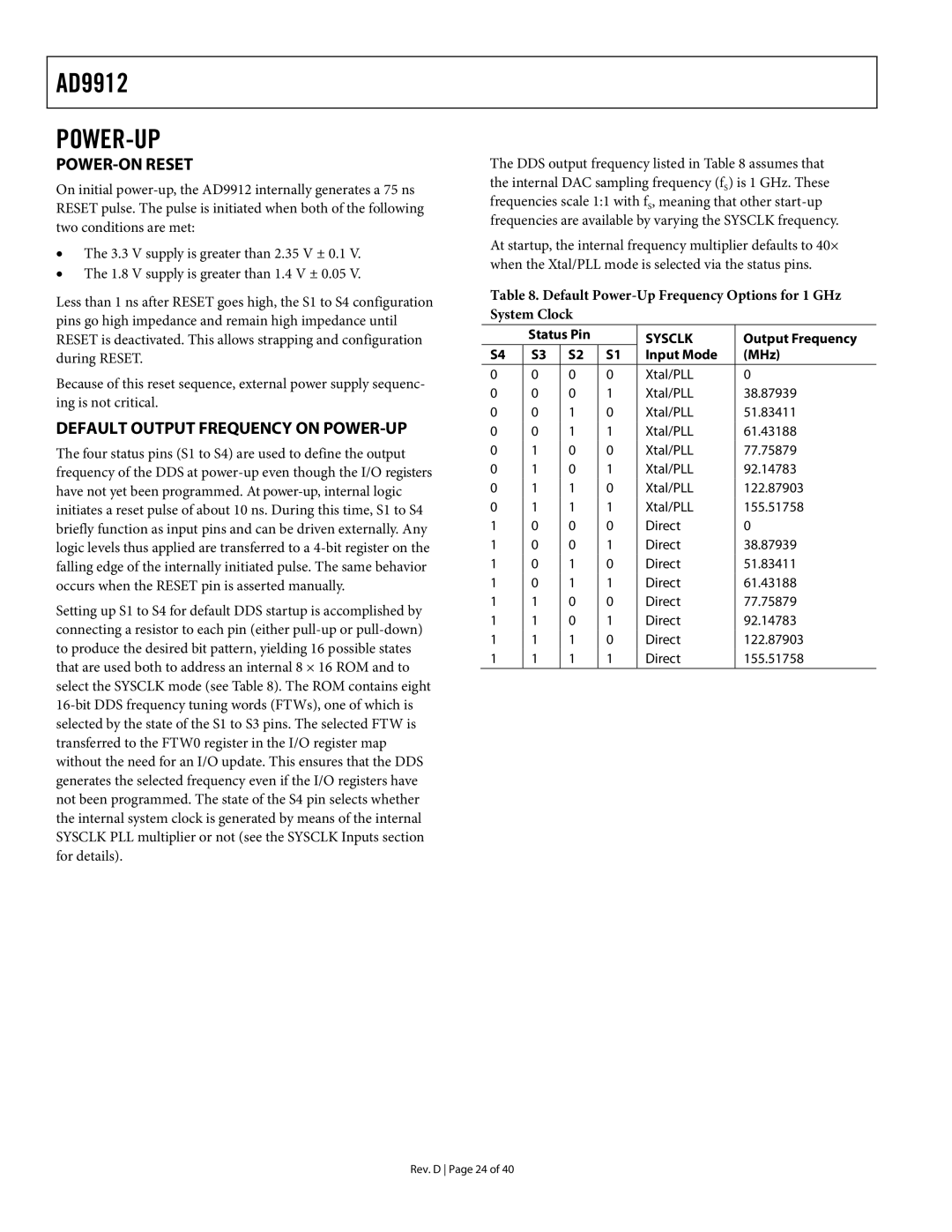 Analog Devices AD9912 specifications Power-Up, POWER-ON Reset, Default Output Frequency on POWER-UP 