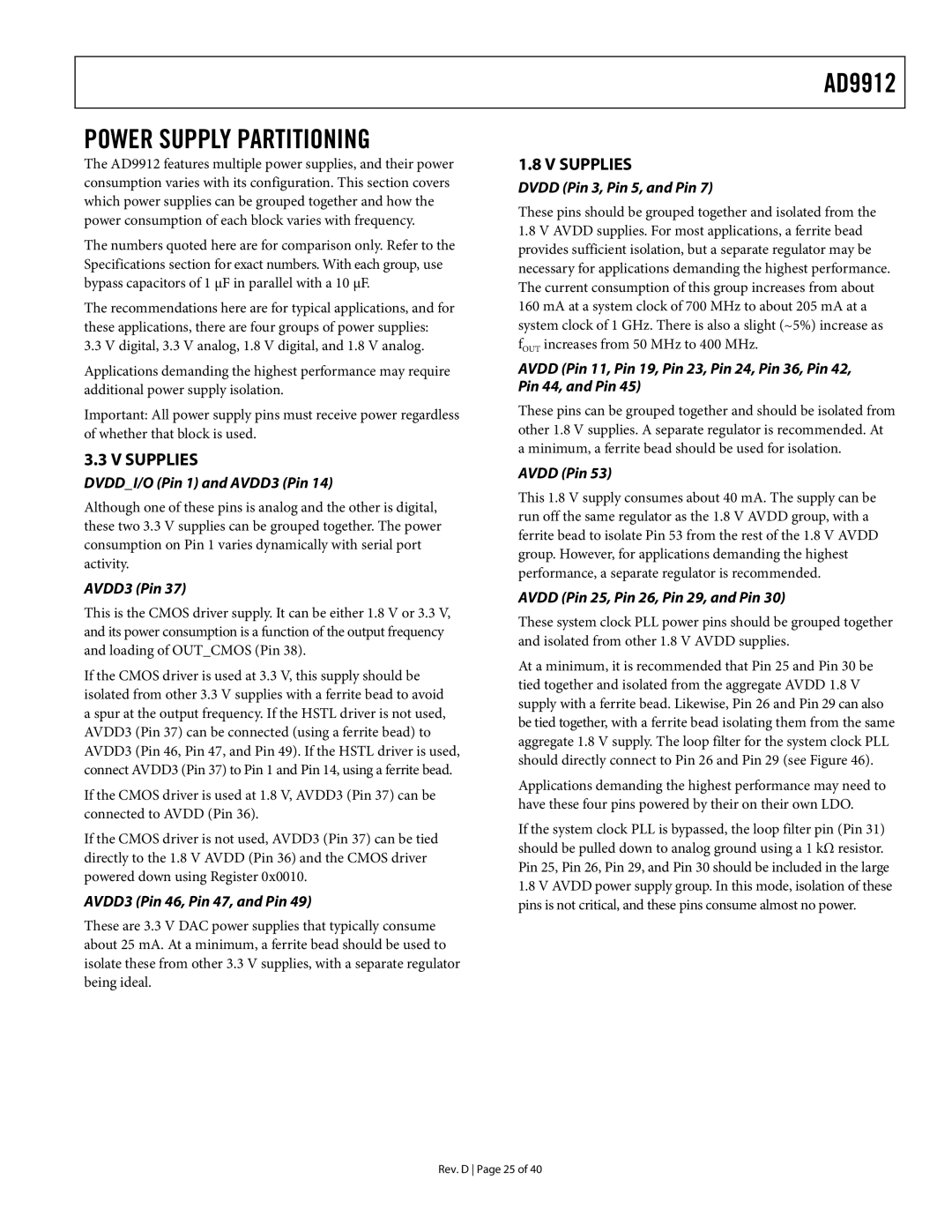 Analog Devices AD9912 specifications Power Supply Partitioning, Supplies 