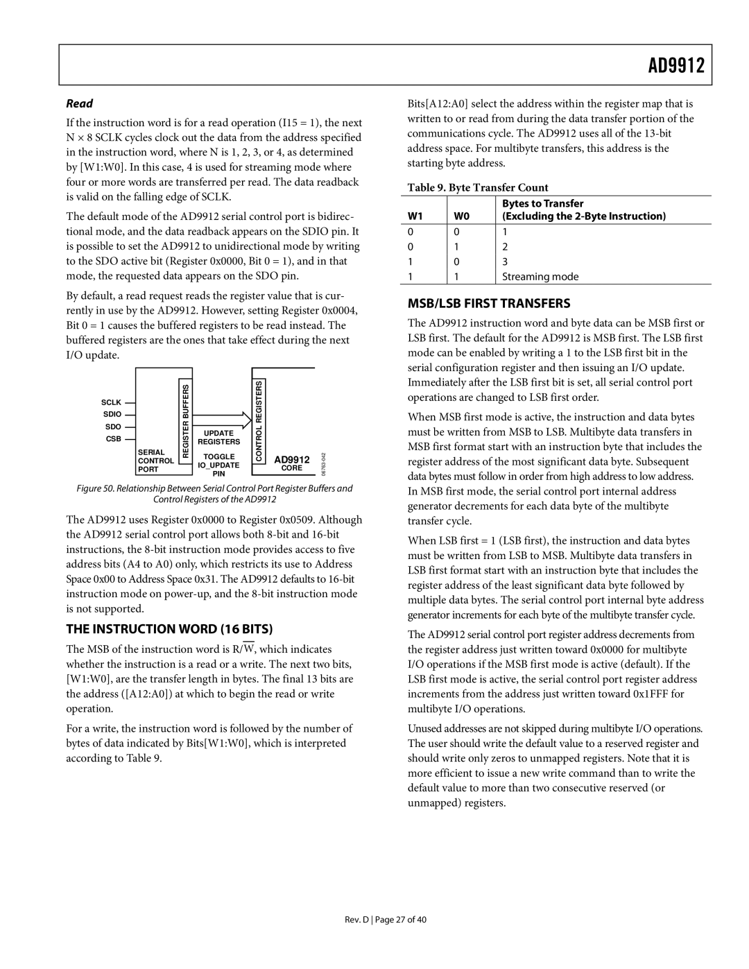 Analog Devices AD9912 MSB/LSB First Transfers, Instruction Word 16 Bits, Read, Operations are changed to LSB first order 