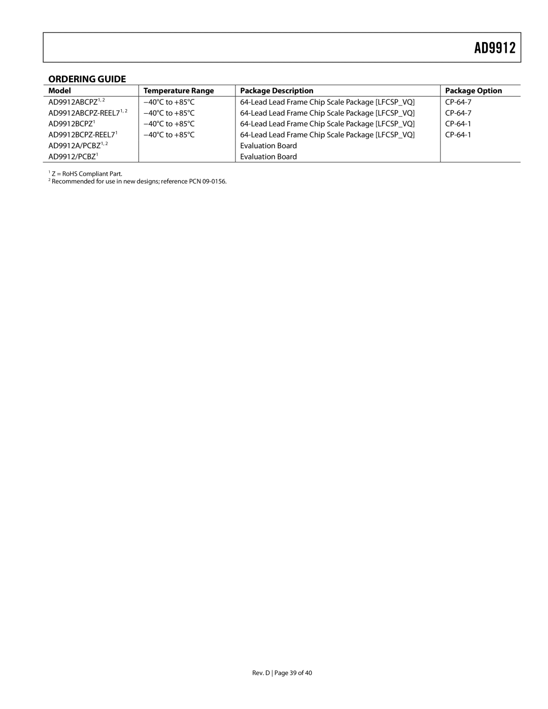 Analog Devices specifications Ordering Guide, Model Temperature Range Package Description Package Option, AD9912BCPZ1 