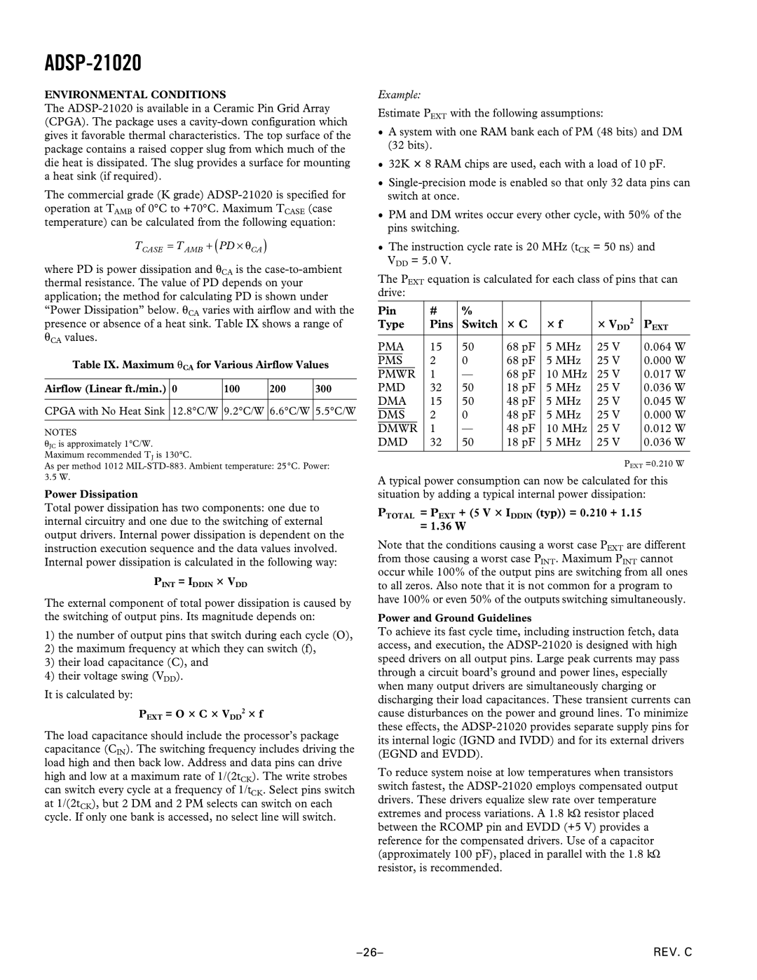 Analog Devices ADSP-21020 manual Example, Type Pins Switch, Ptotal = Pext + 5 V 3 Iddin typ = 0.210 + 1.15 = 1.36 W 